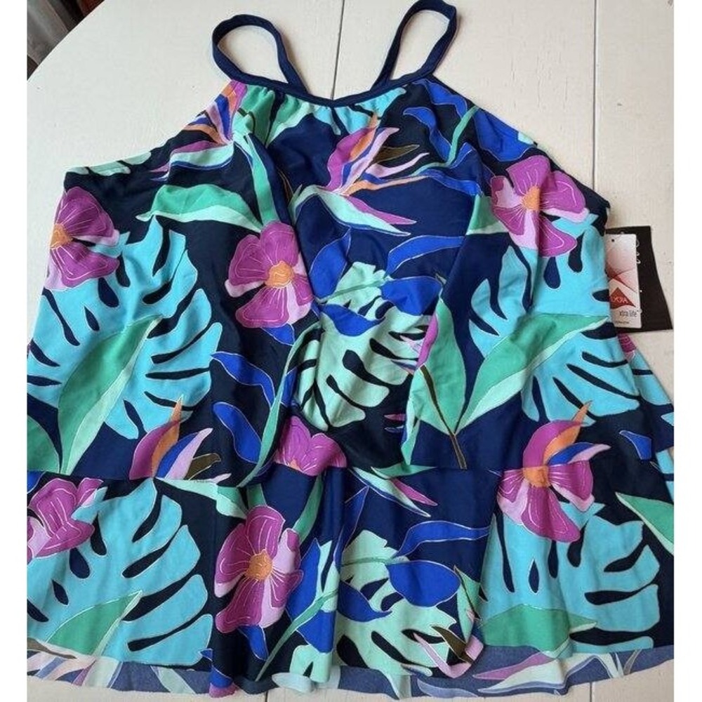 Maxine of Hollywood Tiered Tankini Top Adjustable Blue Floral Gold New 24W